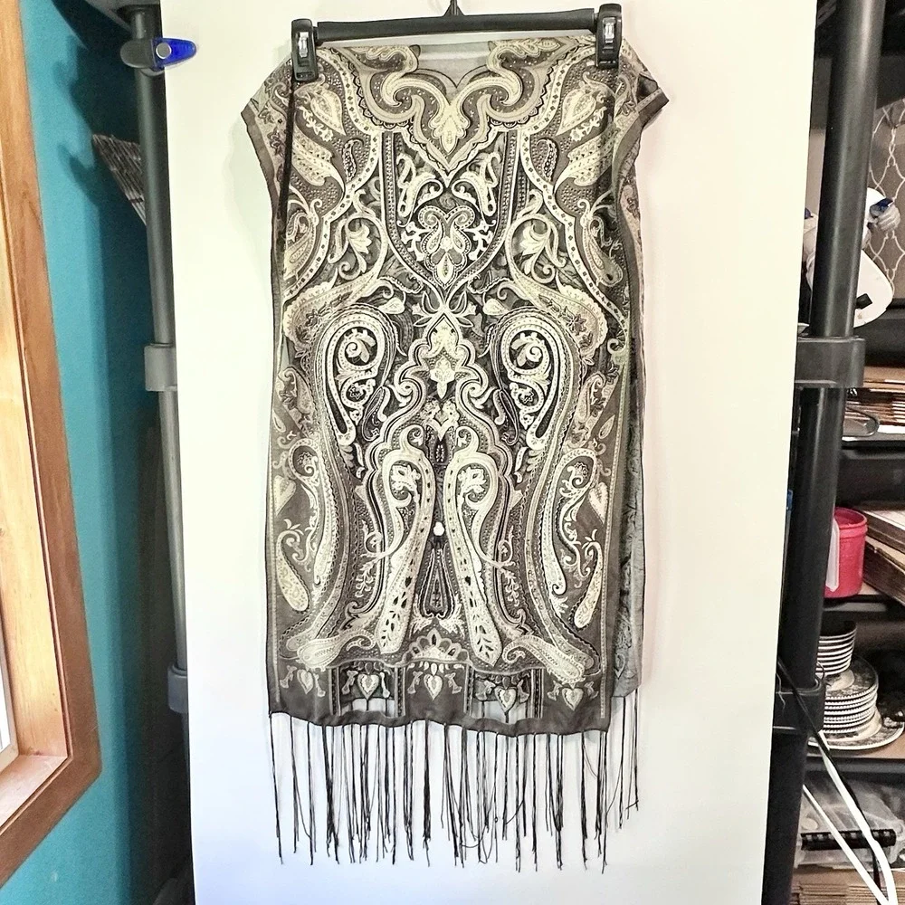 Paisley Scarf Brown Beige Olive Metallic Thread Fringe Tassel Boho Womens